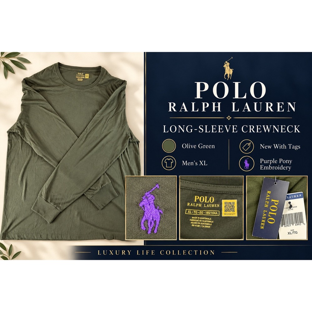Polo Ralph Lauren Mens Long Sleeve T-Shirt Olive Green Purple Pony XL